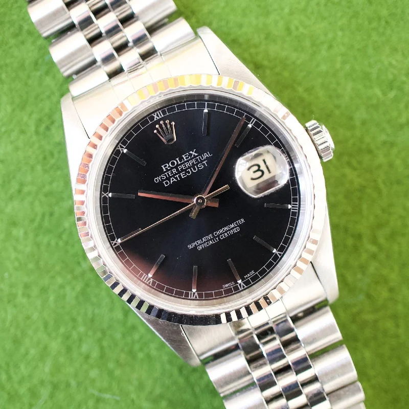 SOLD OUT: Rolex Datejust 16234 36MM Quickset Jubilee Gold Fluted 3135 Black Steel Box 1995