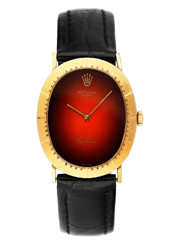 Rolex Cellini 4056 Red Vignette Dial 18K Yellow Gold Mens Watch