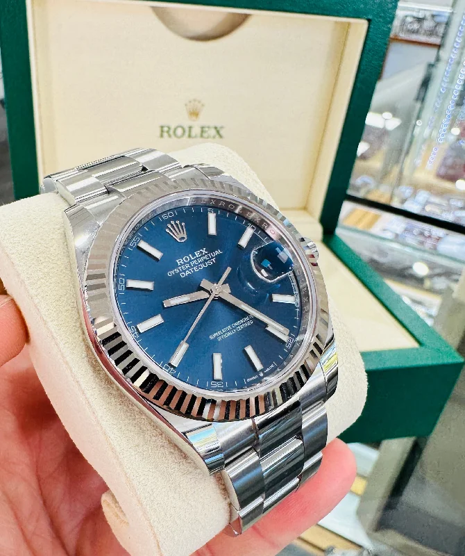 Rolex DateJust 41 126334 Blue Stick Oyster Steel 18k White Gold Bezel  Box Papers UNWORN