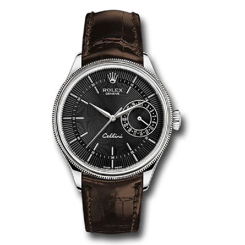 Rolex Cellini Date Watch - White Gold - Black Dial - Brown Leather Strap - Style No: 50519 bkbr