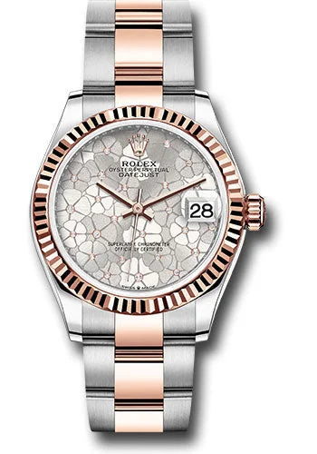 Rolex Everose Rolesor Datejust 31 Watch - Fluted Bezel - Silver Floral Motif Diamond Dial - Oyster Bracelet 278271 sflomdo