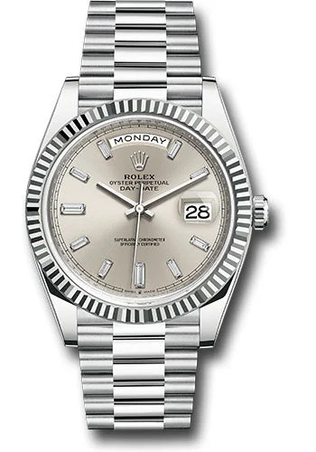 Rolex Platinum Day-Date 40 Watch - Fluted Bezel - Silver Dial - President Bracelet - 228236 sbdp