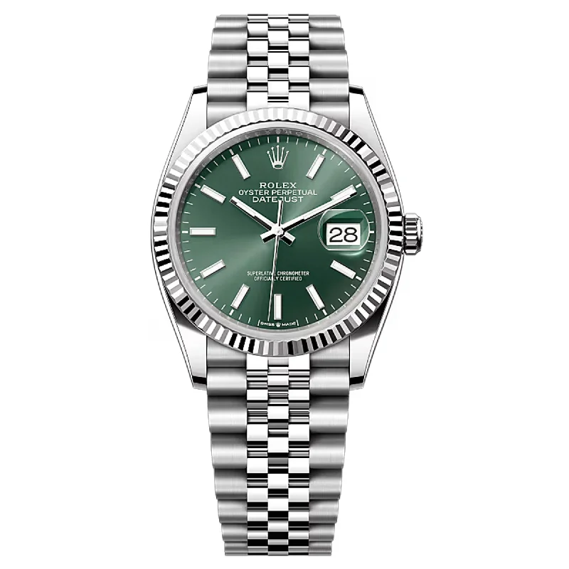 Rolex White Rolesor Datejust 36 Watch - Fluted Bezel - Mint Green Index Dial - Jubilee Bracelet - 126234 mgij