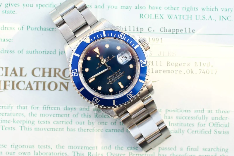 SOLDOUT: Rolex Submariner 16610 "Steel Bluesy" Blue Dial Blue Bezel PAPERS