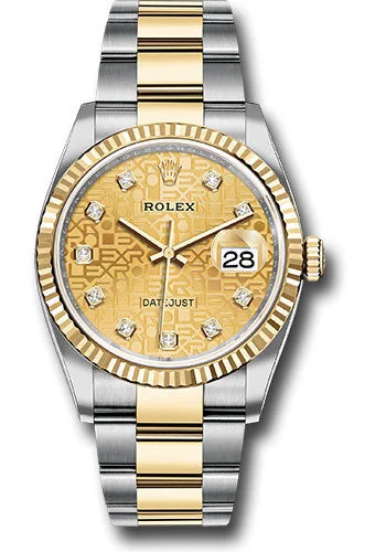 Rolex Yellow Rolesor Datejust 36 Watch - Fluted Bezel - Champagne Jubilee Diamond Dial - Oyster Bracelet - 126233 chjdo