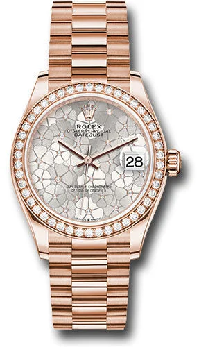 Rolex Everose Gold Datejust 31 Watch - Diamond Bezel - Silver Floral Motif Diamond Dial - President Bracelet 278285rbr sflomdp