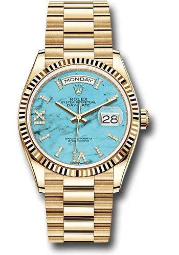 Rolex Yellow Gold Day-Date 36 Watch - Fluted Bezel - Turquoise Diamond Dial - President Bracelet - 128238 tdidrp