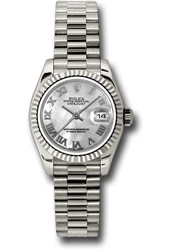 Rolex White Gold Lady-Datejust 26 Watch - Fluted Bezel - Mother-Of-Pearl Roman Dial - President Bracelet - 179179 mrp