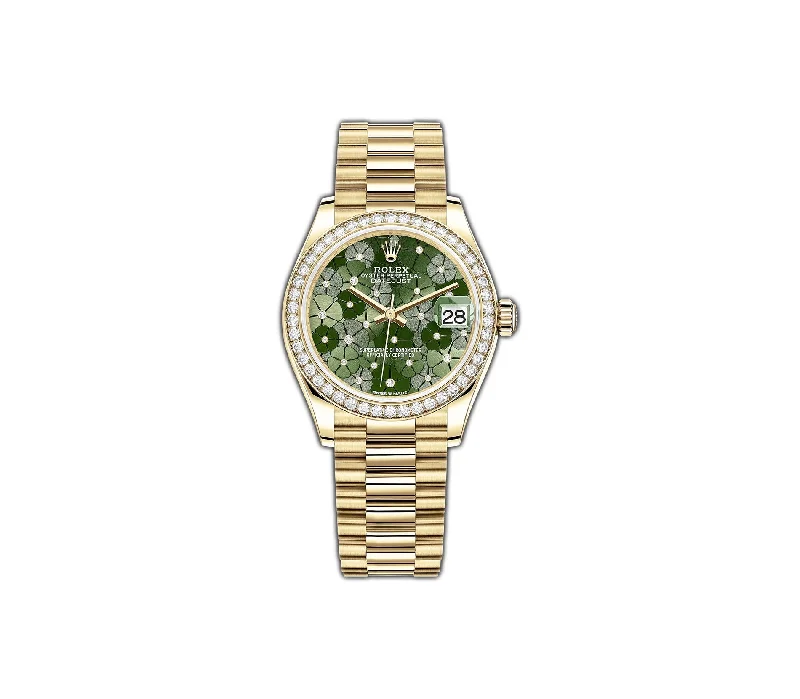 31mm 18k Yellow Gold President Diamond Bezel Olive Green Floral Motif Diamond Dial