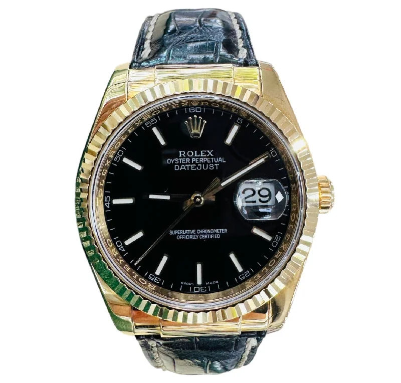 Rolex Datejust 36 116138 Yellow Gold Black Dial with 18k Deployment PreOwned Box & Papers