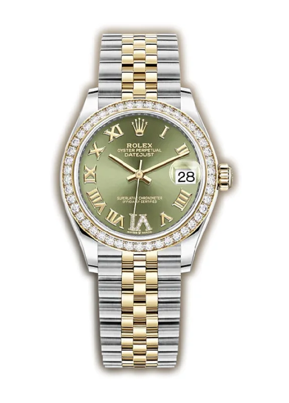 31mm Steel & Yellow Gold Diamond Bezel Olive Green Roman Diamond VI Dial Jubilee Bracelet