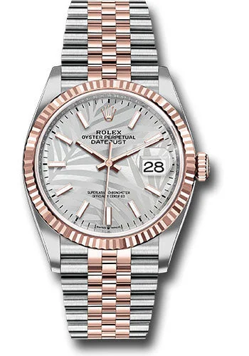 Rolex Everose Rolesor Datejust 36 Watch - Fluted Bezel - Silver Palm Motif Index Dial - Jubilee Bracelet - 126231 spmij