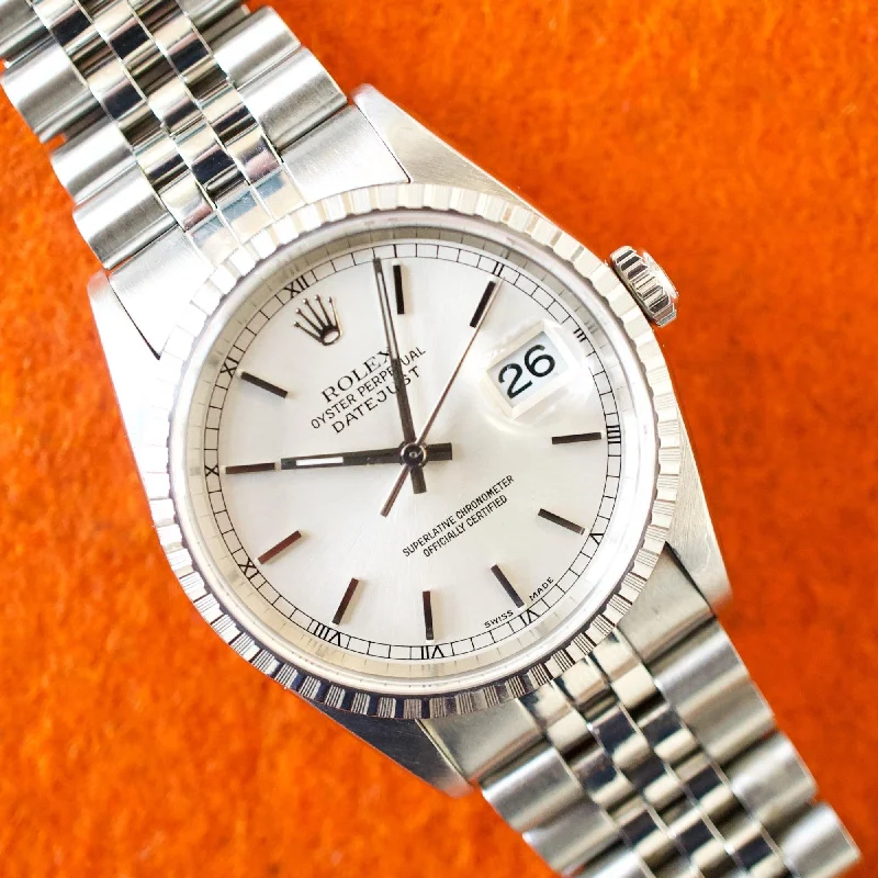 SOLD OUT: Rolex Datejust 16220 36MM Quickset Jubilee Engine-Turned 3135 Silver Steel Box 1999