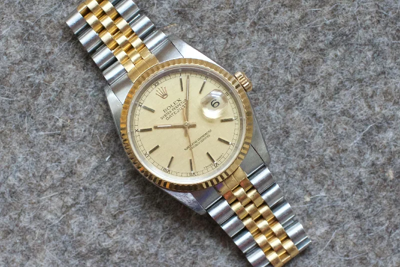 SOLDOUT: Rolex DateJust 36mm LINEN DIAL 18K Two-Tone HOLES Champagne Jubilee Watch 16233