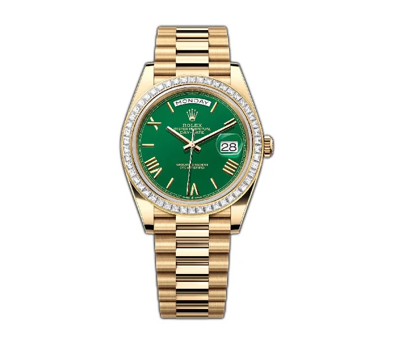 40mm 18k Yellow Gold President Baguette Diamond Bezel Green Roman Dial