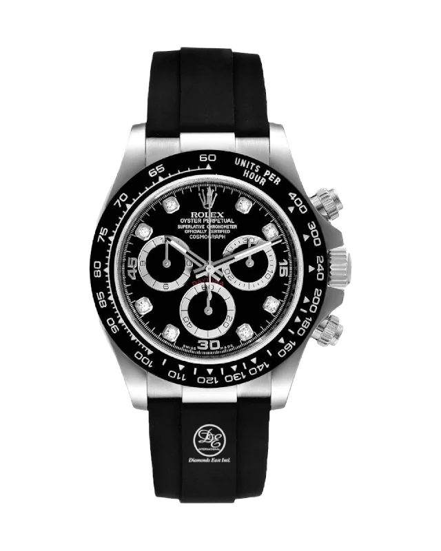 Rolex Daytona 116519LN Oysterflex Factory Black Diamond Dial 18k White Gold Box & Papers