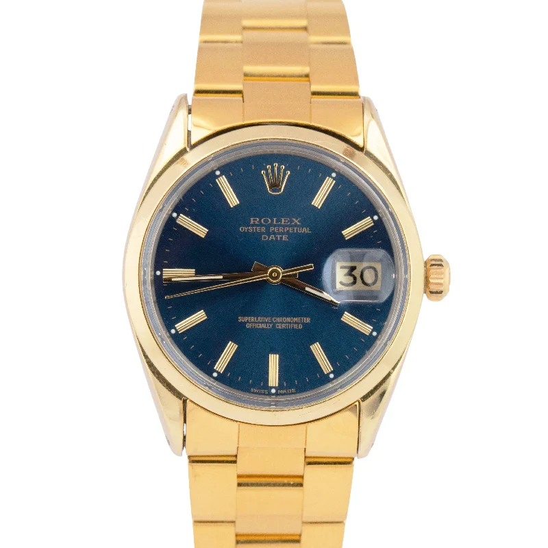 TOP CONDITION PAPERS Rolex Oyster Perpetual BLUE 34mm Gold Shell Watch 1550 BOX