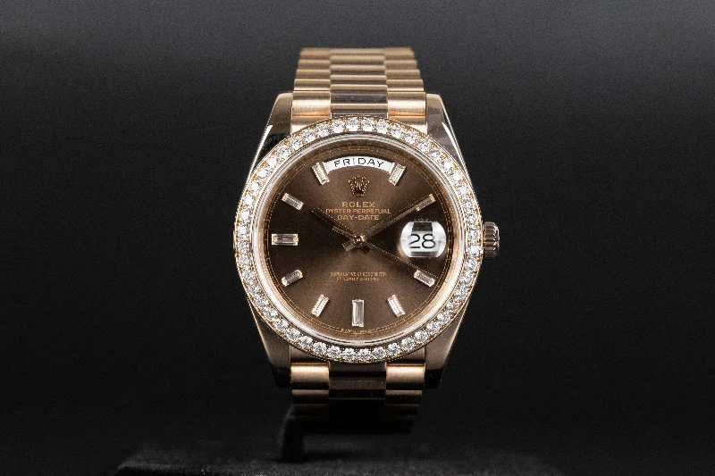 Rolex<br>228345RBR DayDate 40 Rose Gold Baguette Diamond Dial Diamond Bezel