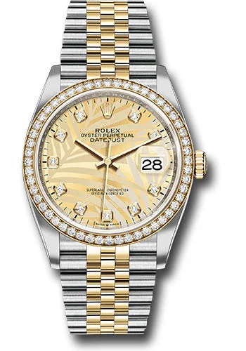 Rolex Yellow Rolesor Datejust 36 Watch - Diamond Bezel - Golden Palm Motif Diamond Dial - Jubilee Bracelet - 126283rbr gpmdj