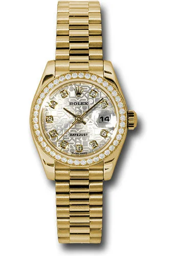 Rolex Yellow Gold Lady-Datejust 26 Watch - 42 Diamond Bezel - Silver Jubilee Diamond Dial - President Bracelet - 179138 sjdp