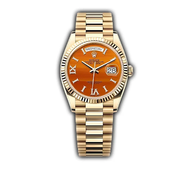 36mm 18k Yellow Gold President Fluted Bezel Carnelian Dial