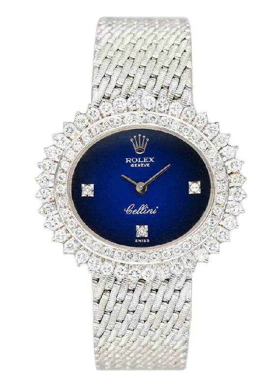 Rolex Cellini 4081 Diamond Blue Vignette Dial 18K White Gold Ladies Watch